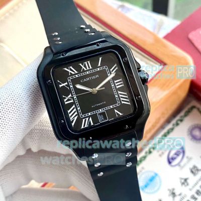 Knockoff Cartier Santos De Cartier Quartz Watch 39mm Solid Black Rubber Strap